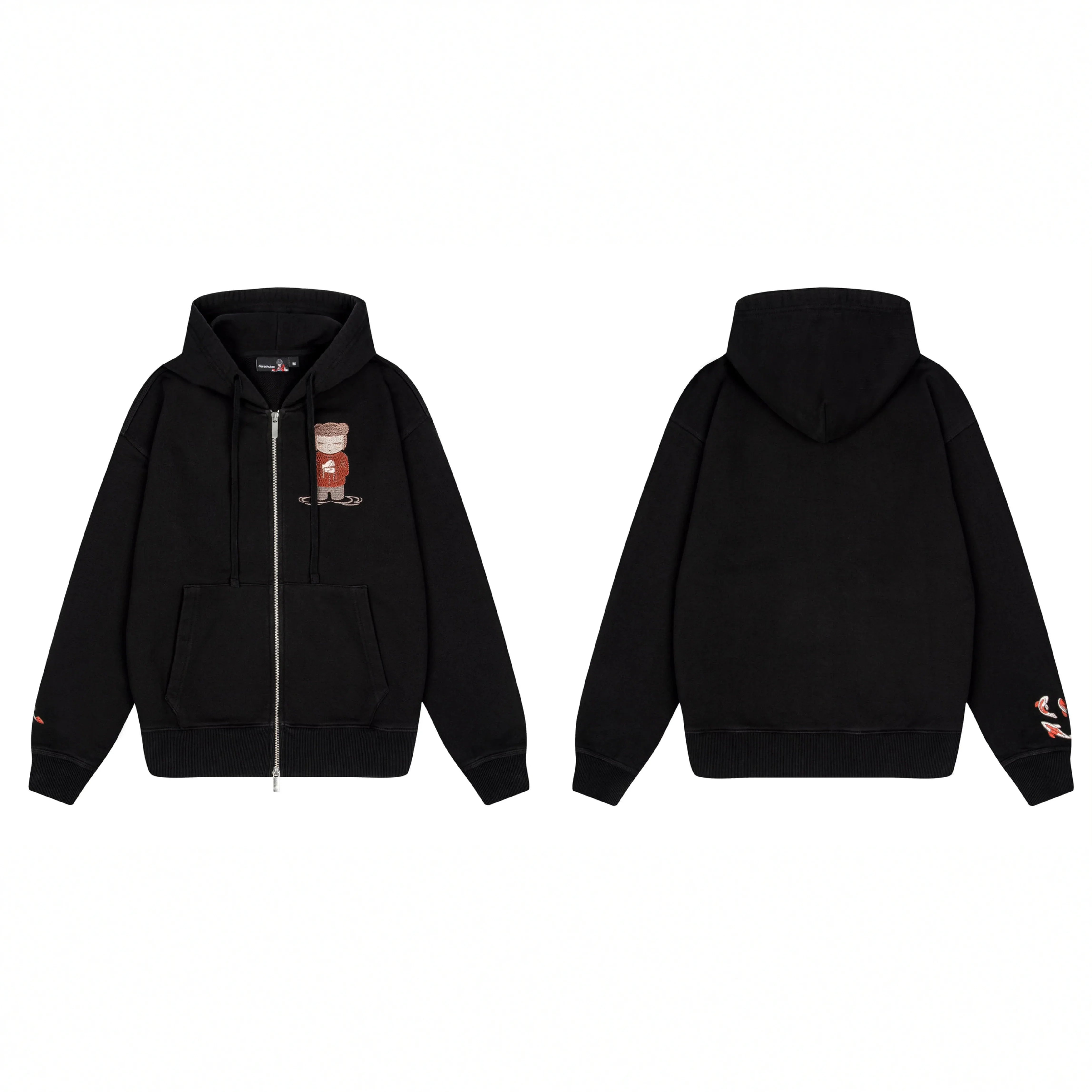 Derschutze Anime Character Embroidery Zip-Up Hoodie - Black