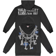 Vale Forever Graphic Pullover Hoodie (Washed Black / Rhinestone Chain & Cross Motifs)